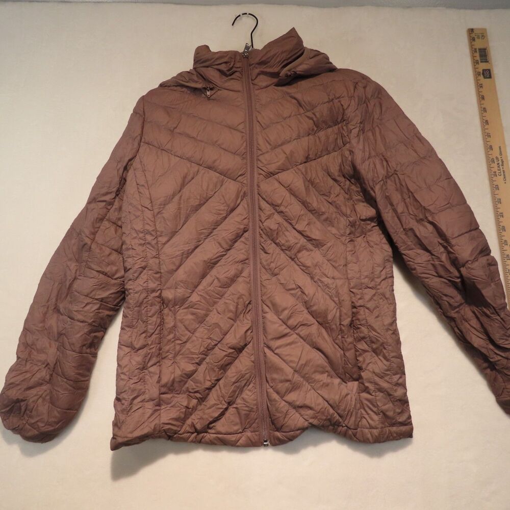 London Fog Womens Medium Light Packable Down Puffer Jacket Hooded Mauve Purple
